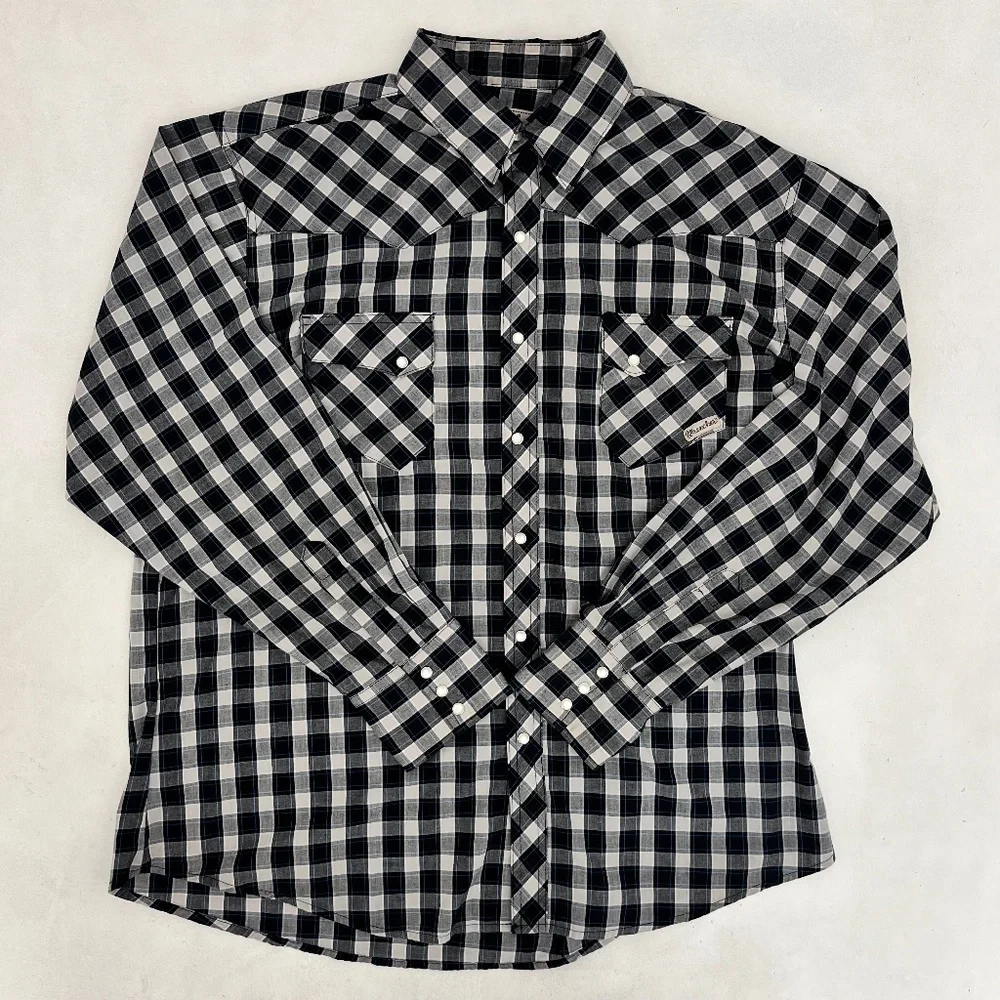 Wrancher By Wrangler Mens XL‎ Button Up Western Shirt Black Plaid Pearl Snap